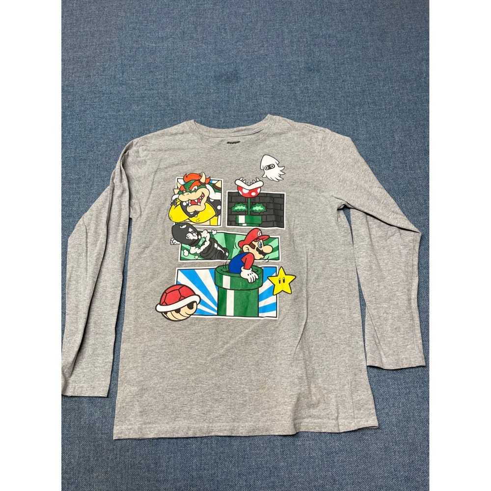 Super Mario Nintendo Boys XL 14 Gray Long Sleeve Graphic T-Shirt Bowser Mario